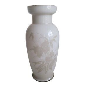 Vintage Italian Glass Flower Vase Hand Painted Lily Flowers Leaves Mid Century